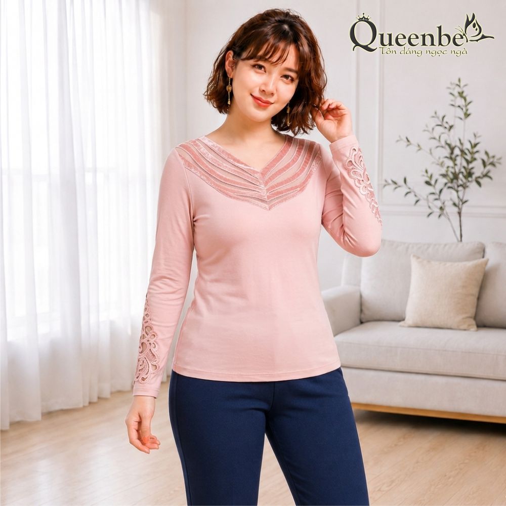Áo thun nữ hai lớp dài tay cổ ren có big size Queenbe GLA253