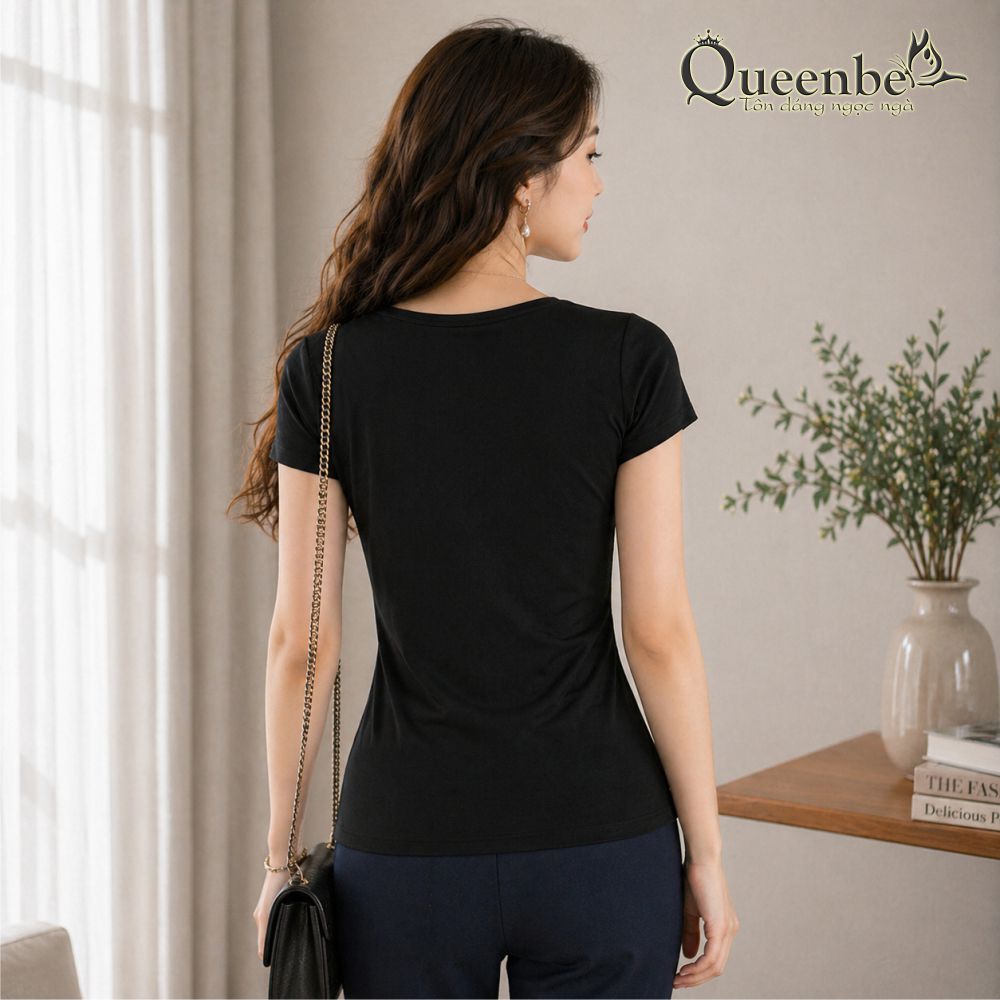 Áo thun nữ kiểu cổ tim đính đá có big size Queenbe GLA262