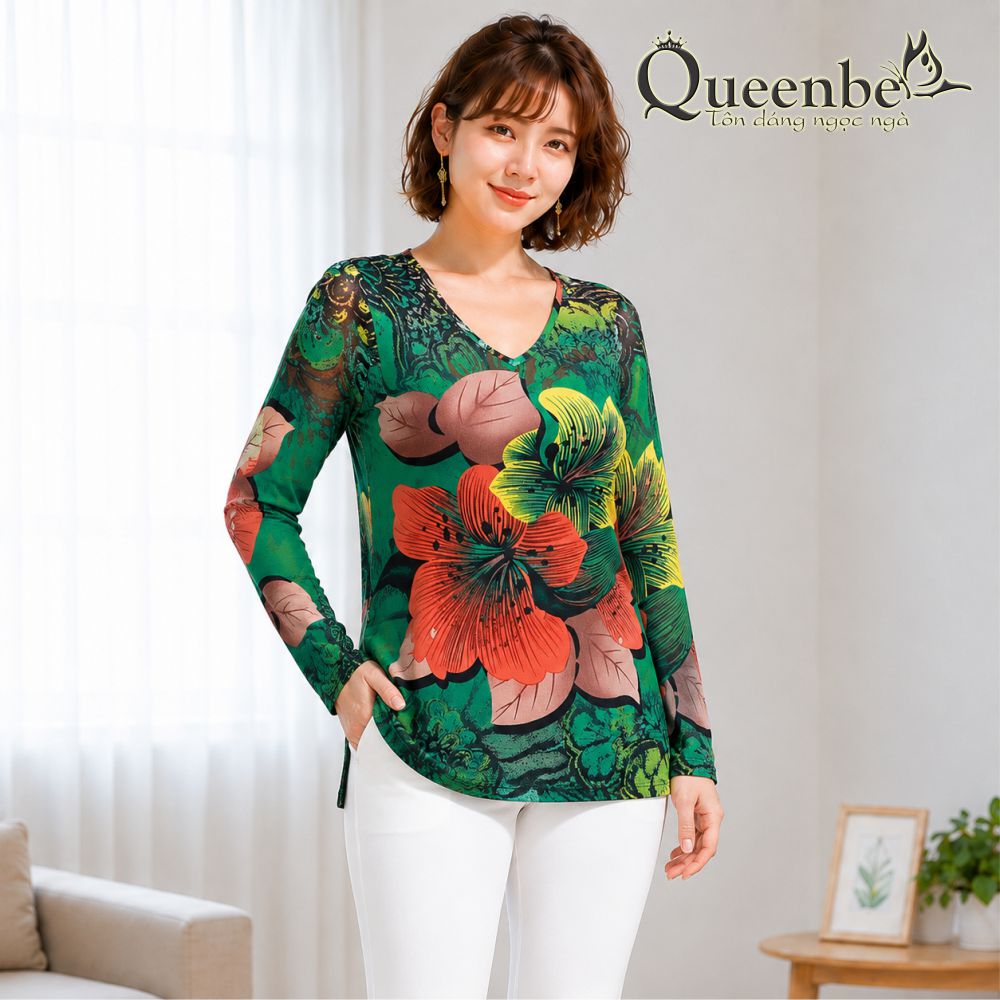 Áo thun nữ lưới dài tay cổ tim co giãn 4 chiều có big size Queenbe GLA299