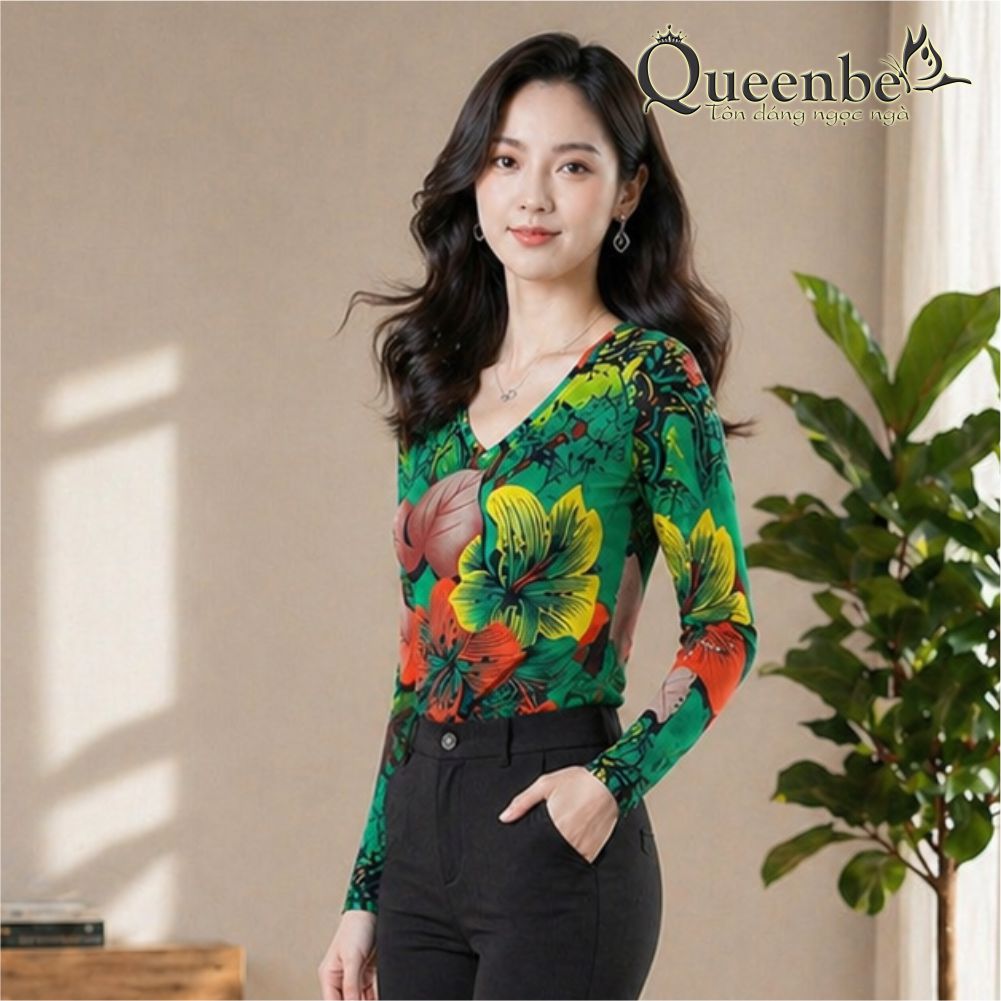 Áo thun nữ lưới dài tay cổ tim co giãn 4 chiều có big size Queenbe GLA299