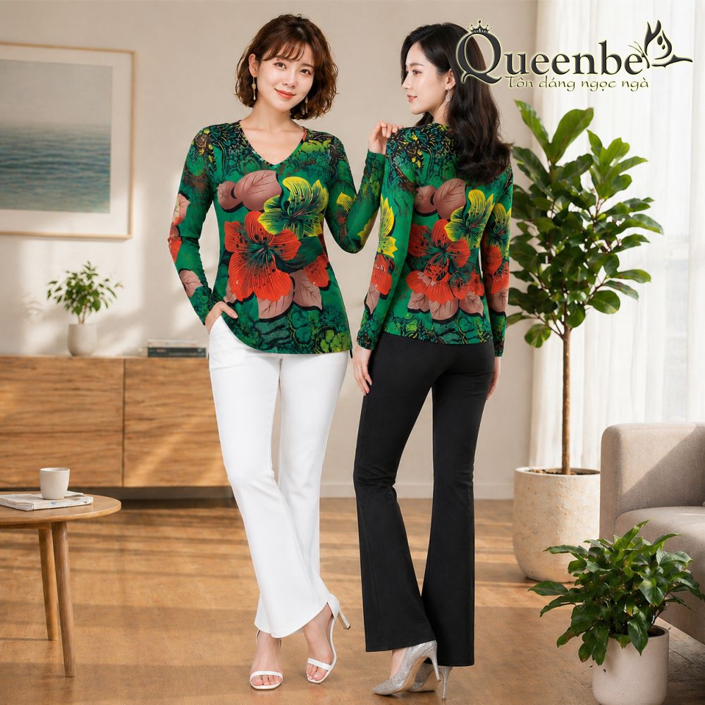 Áo thun nữ lưới dài tay cổ tim co giãn 4 chiều có big size Queenbe GLA299