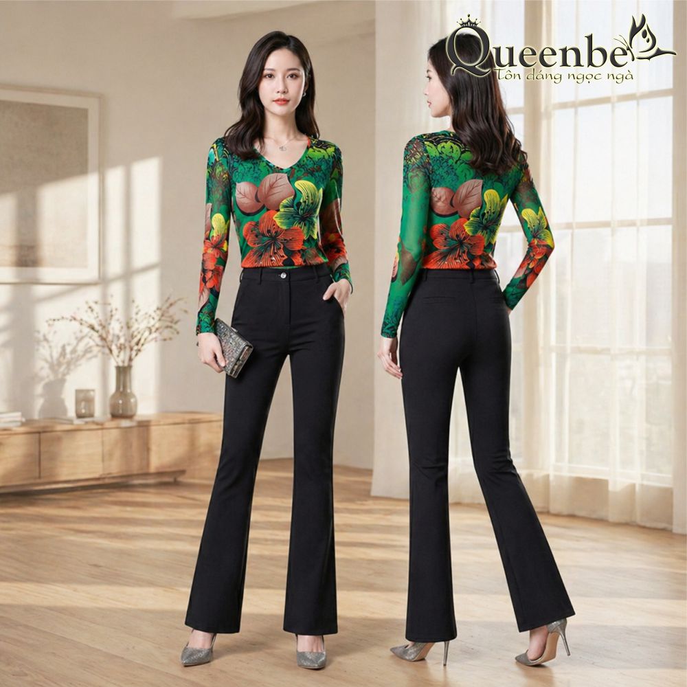 Áo thun nữ lưới dài tay cổ tim co giãn 4 chiều có big size Queenbe GLA299
