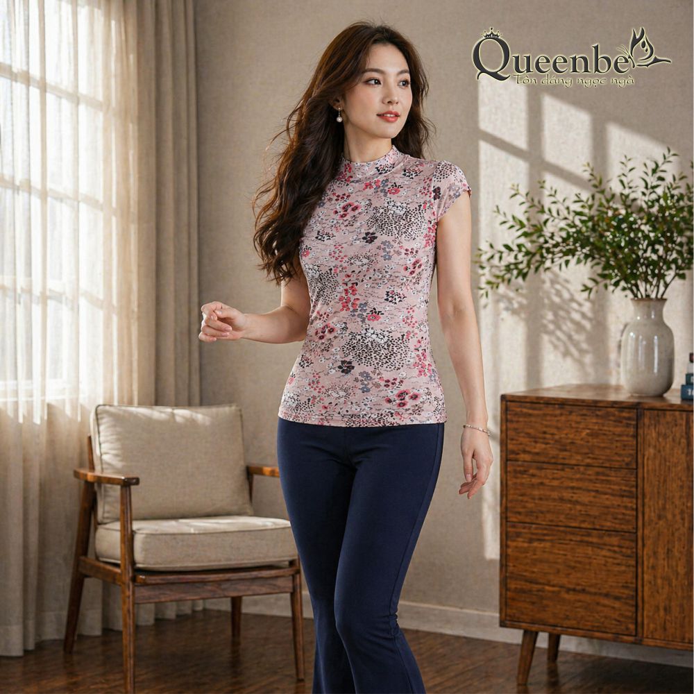 Áo thun nữ lưới in hoa trong lót cotton Queenbe GLA277