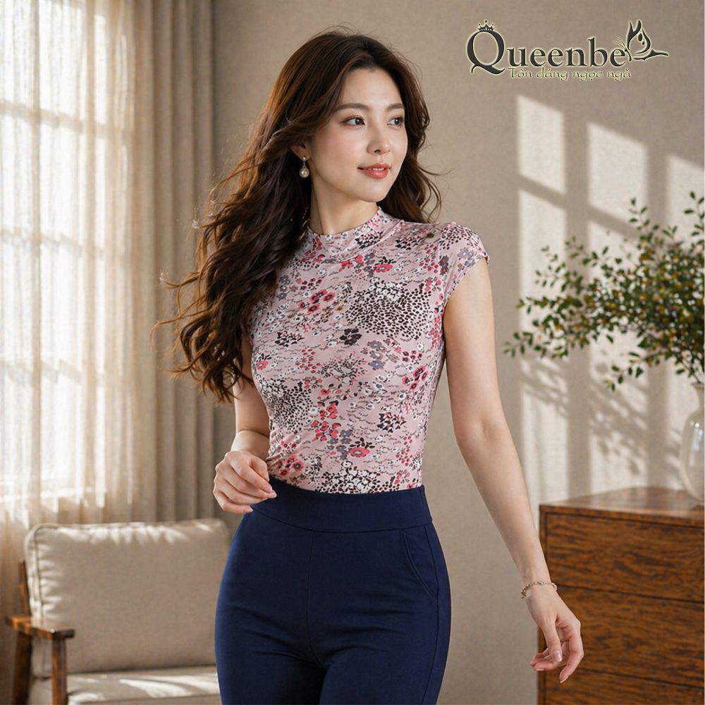 Áo thun nữ lưới in hoa trong lót cotton Queenbe GLA277