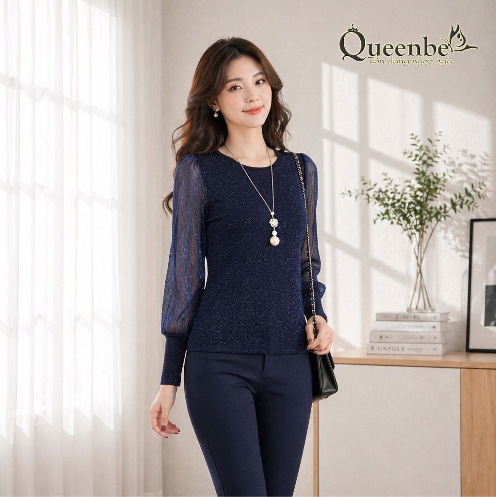 Áo thun nữ lưới mềm dài tay đính kim sa Queenbe GLA106