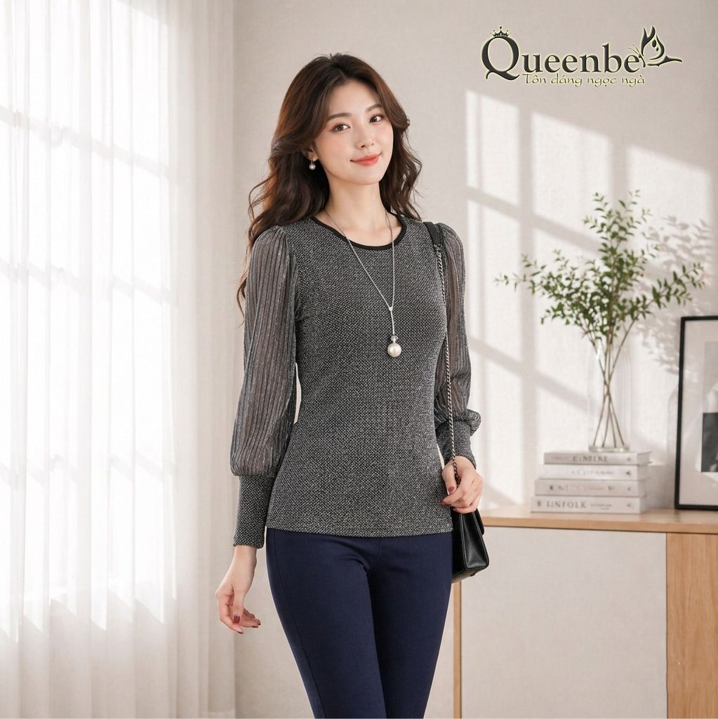 Áo thun nữ lưới mềm dài tay đính kim sa Queenbe GLA106
