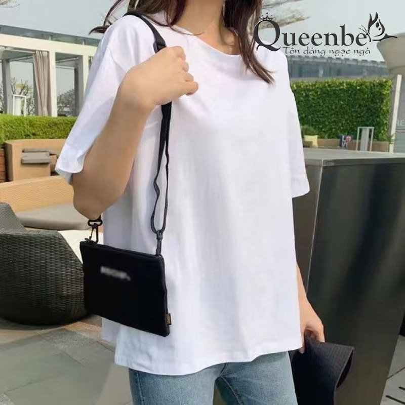 Áo thun nữ phom rộng Queenbe GLA316 cotton cổ tròn ngắn tay