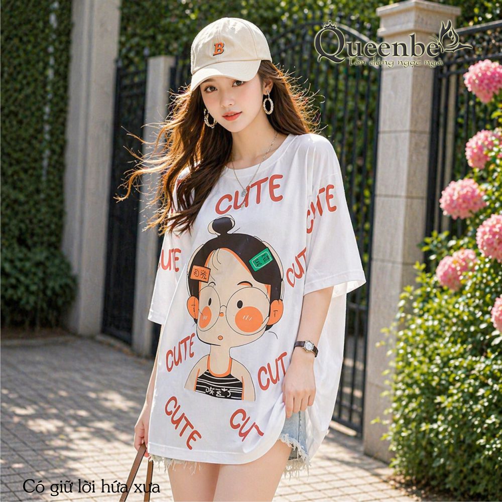 Áo thun nữ phom rộng cute Queebe GLA327 vải cotton mềm phong cách ngộ nghĩnh