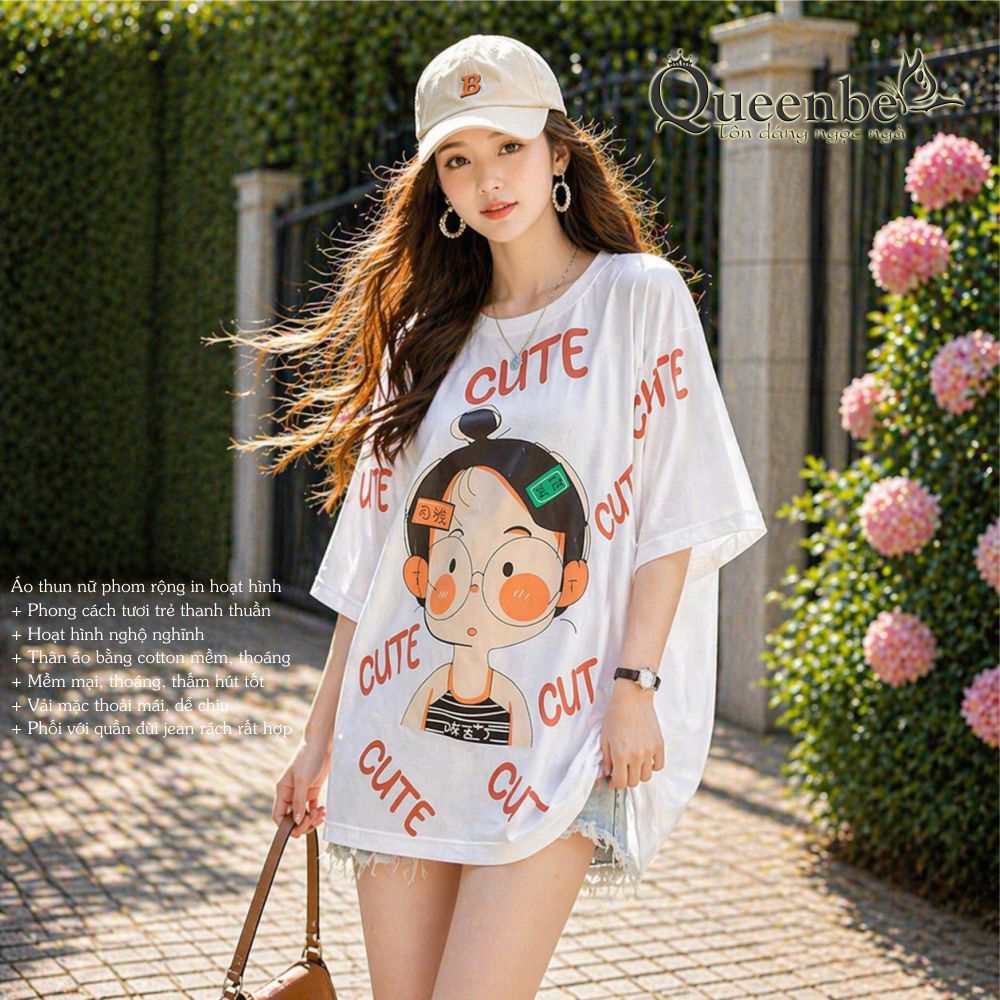 Áo thun nữ phom rộng cute Queebe GLA327 vải cotton mềm phong cách ngộ nghĩnh