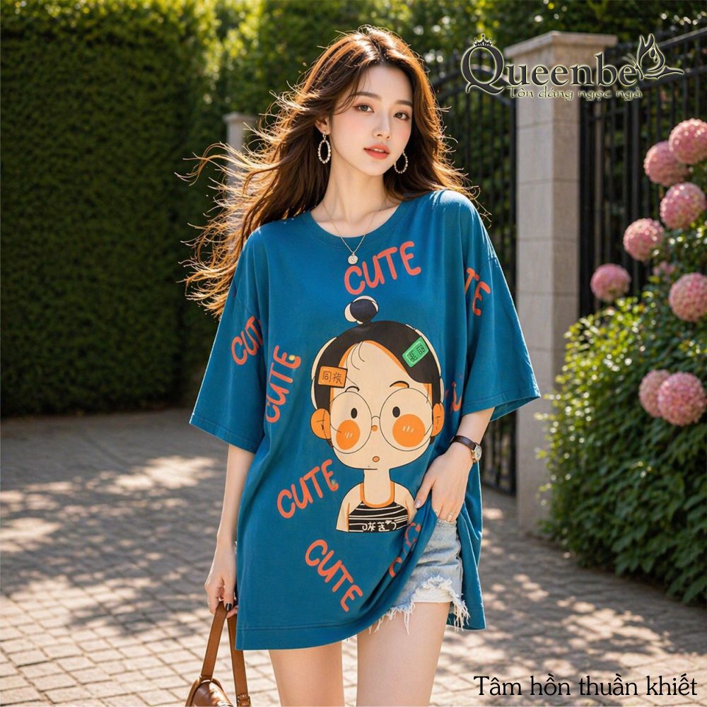 Áo thun nữ phom rộng cute Queebe GLA327 vải cotton mềm phong cách ngộ nghĩnh
