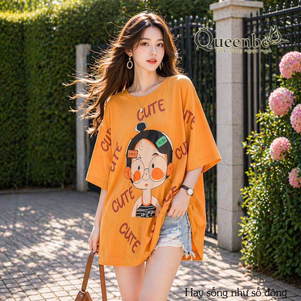 Áo thun nữ phom rộng cute Queebe GLA327 vải cotton mềm phong cách ngộ nghĩnh