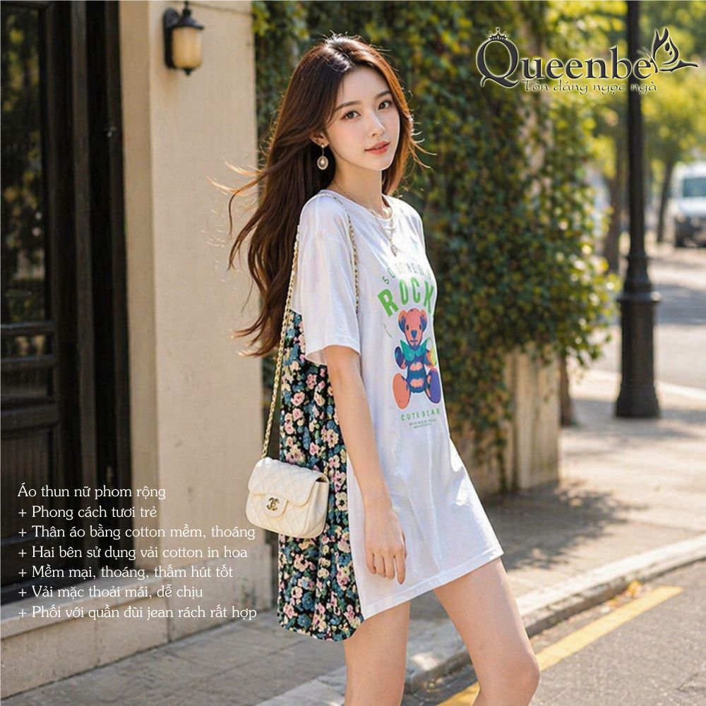 Áo thun nữ phom rộng ghép hoa Queenbe GLA331 dáng dài vải cotton mềm thoáng