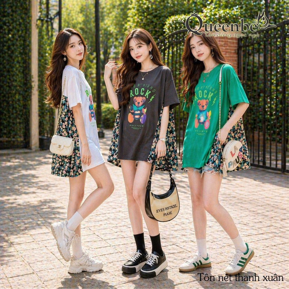 Áo thun nữ phom rộng ghép hoa Queenbe GLA331 dáng dài vải cotton mềm thoáng