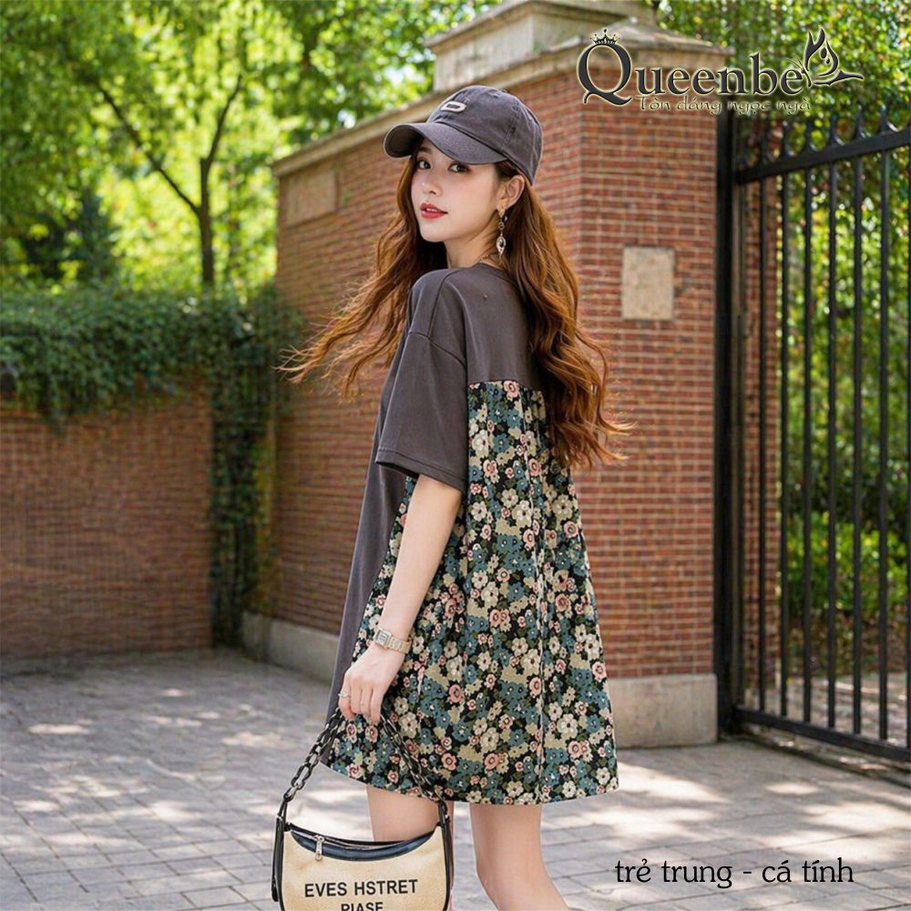 Áo thun nữ phom rộng ghép hoa Queenbe GLA331 dáng dài vải cotton mềm thoáng