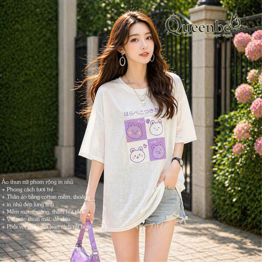 Áo thun nữ phom rộng in nhũ Queenbe GLA326 vải cotton in nhũ mềm