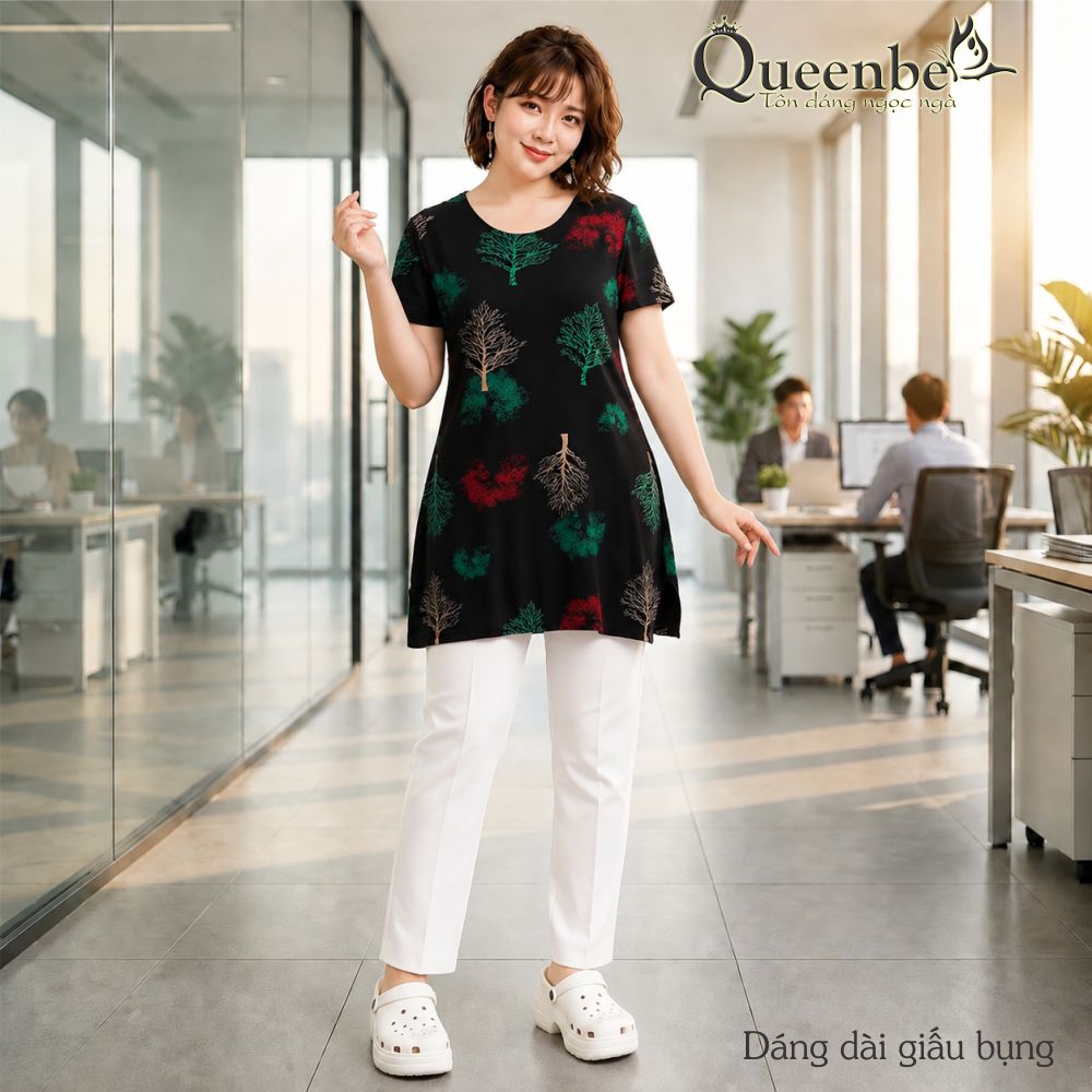 Áo trung niên kiểu dáng dài big size xẻ tà Queenbe GLA257