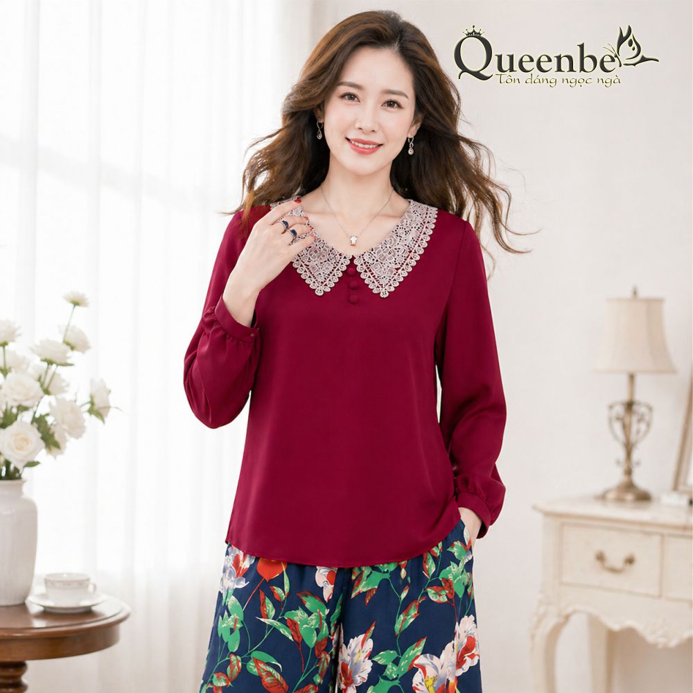 Áo trung niên nữ big size dáng suông cổ phối ren Queenbe GLA318