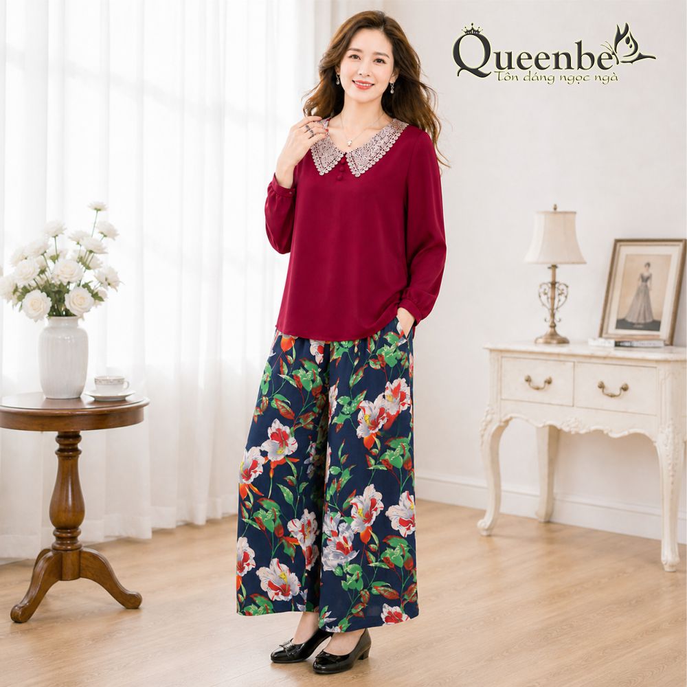 Áo trung niên nữ big size dáng suông cổ phối ren Queenbe GLA318