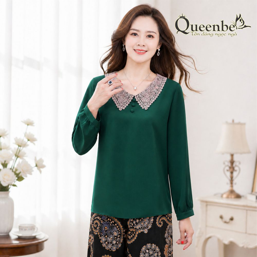 Áo trung niên nữ big size dáng suông cổ phối ren Queenbe GLA318