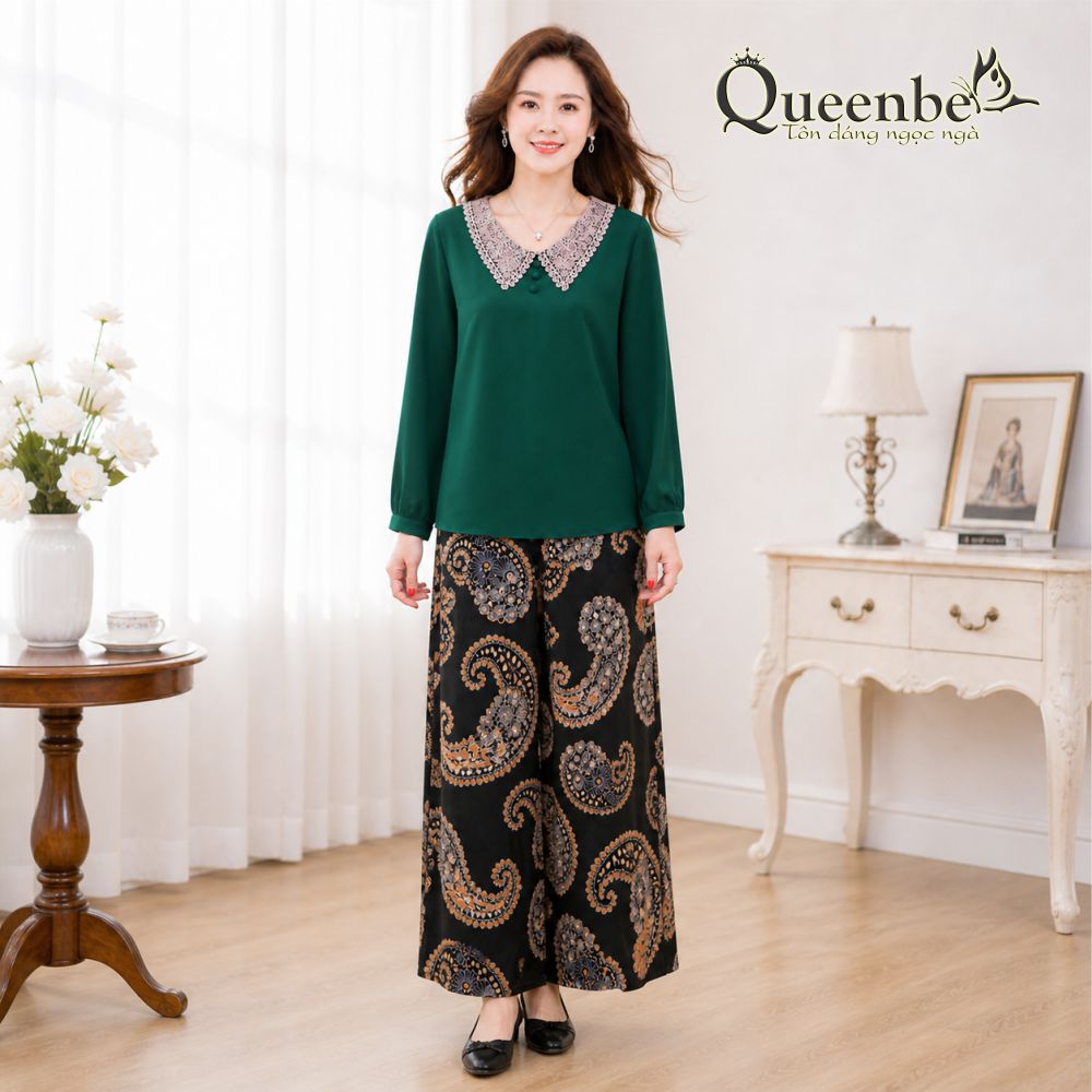 Áo trung niên nữ big size dáng suông cổ phối ren Queenbe GLA318