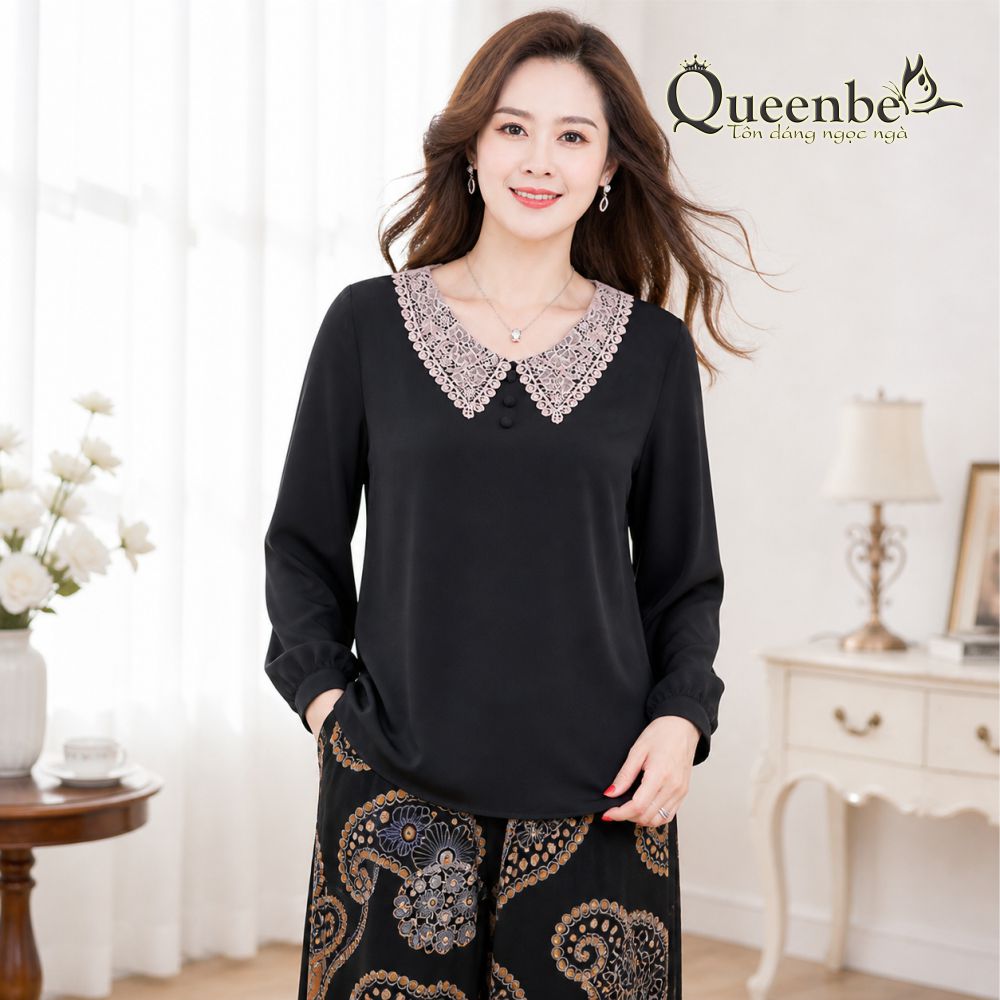 Áo trung niên nữ big size dáng suông cổ phối ren Queenbe GLA318