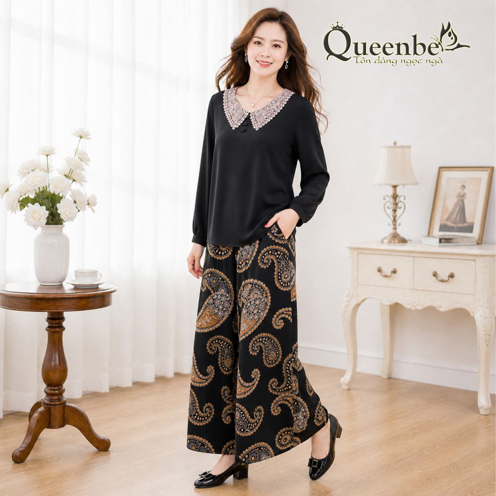 Áo trung niên nữ big size dáng suông cổ phối ren Queenbe GLA318