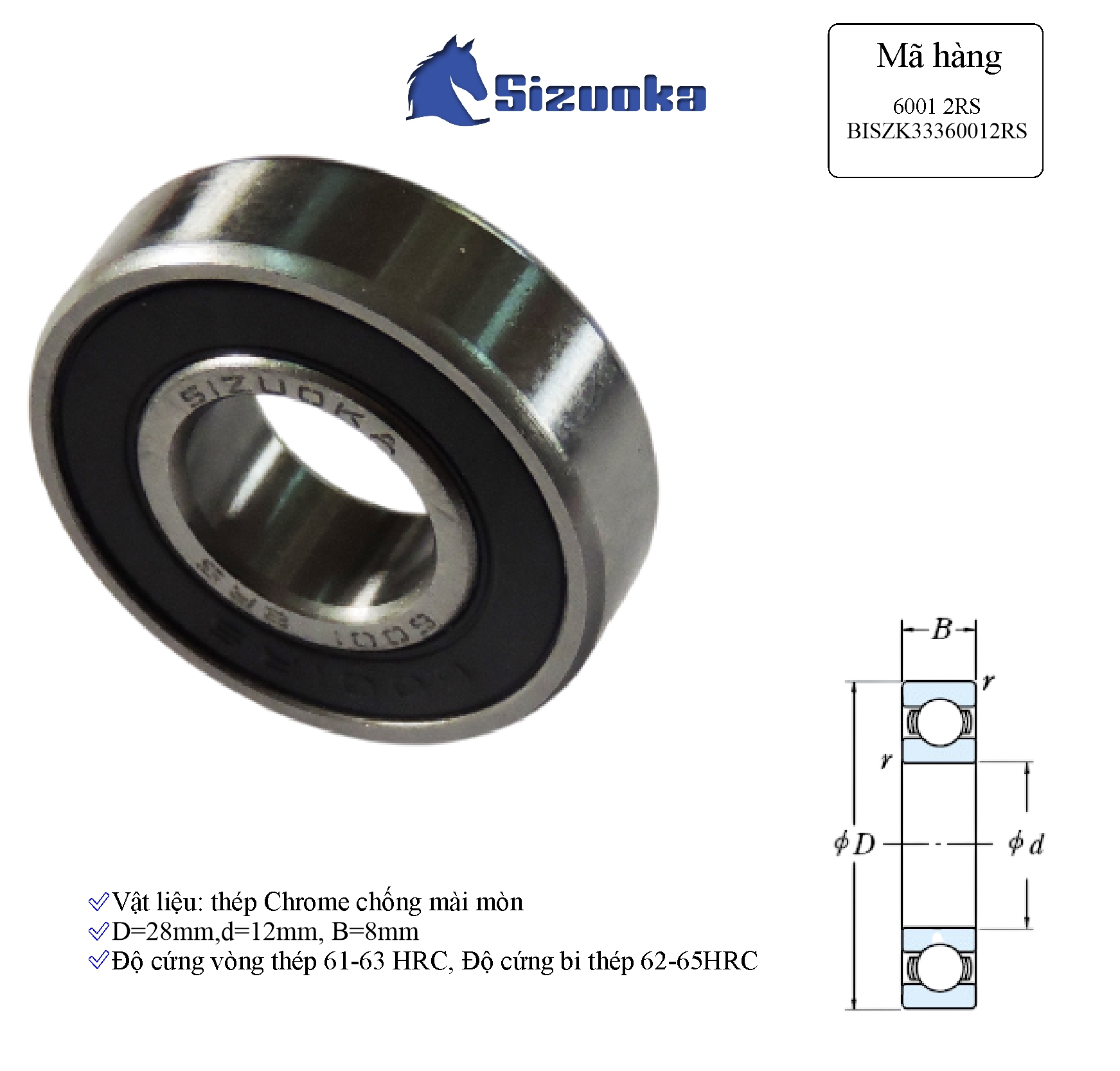 Bạc đạn xe máy 6001 2RS Nồi Dream,Wave, cam RSX BISZK33360012RS