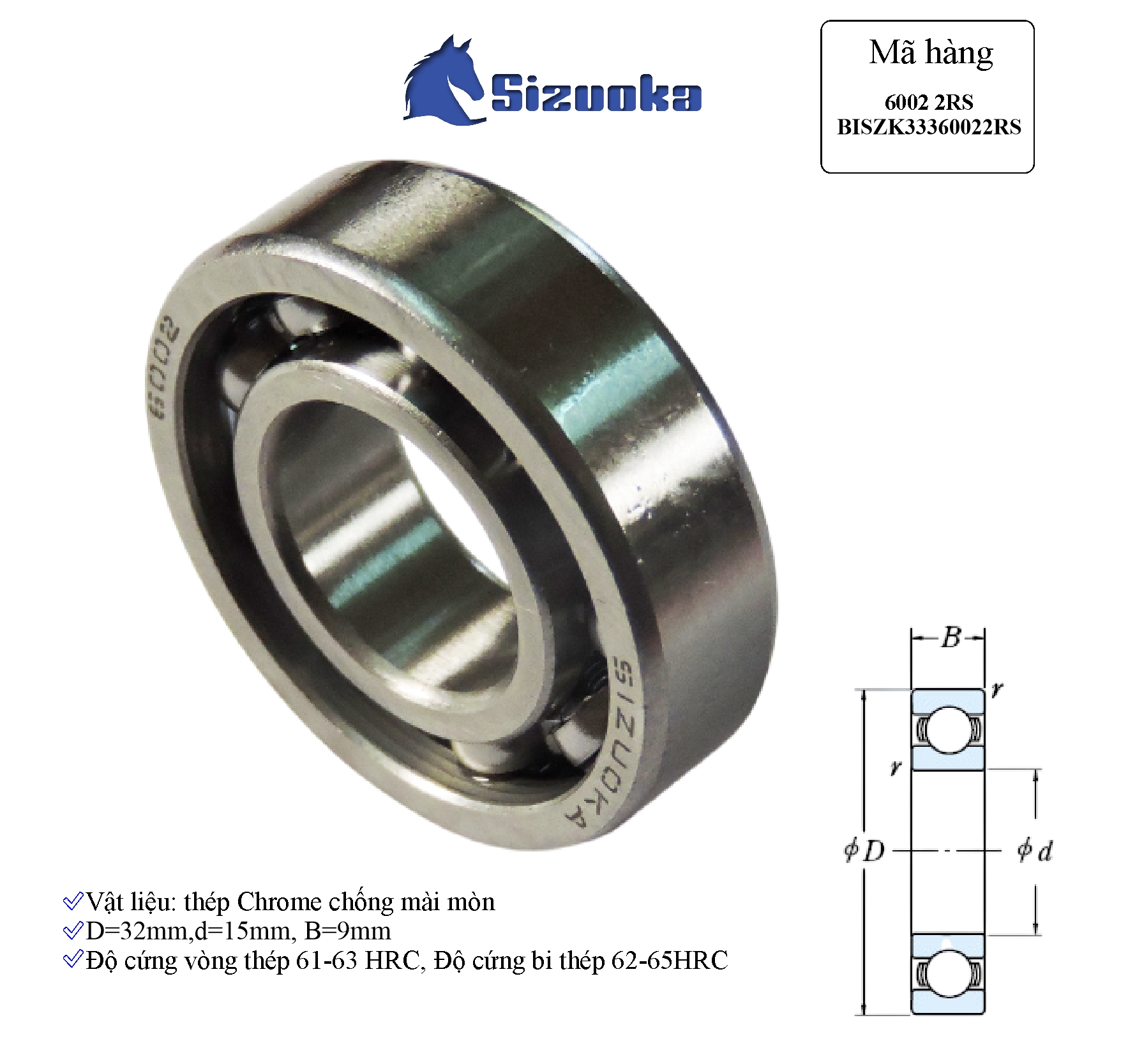 Bạc đạn xe máy 6002 2RS Cam Sirius BISZK33360022RS