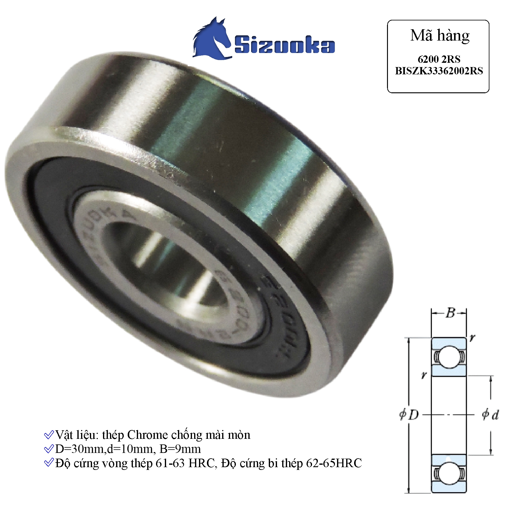 Bạc đạn xe máy 6200 2RS Đùm trước Max, Yamaha, nồi Airblade BISZK33362002RS