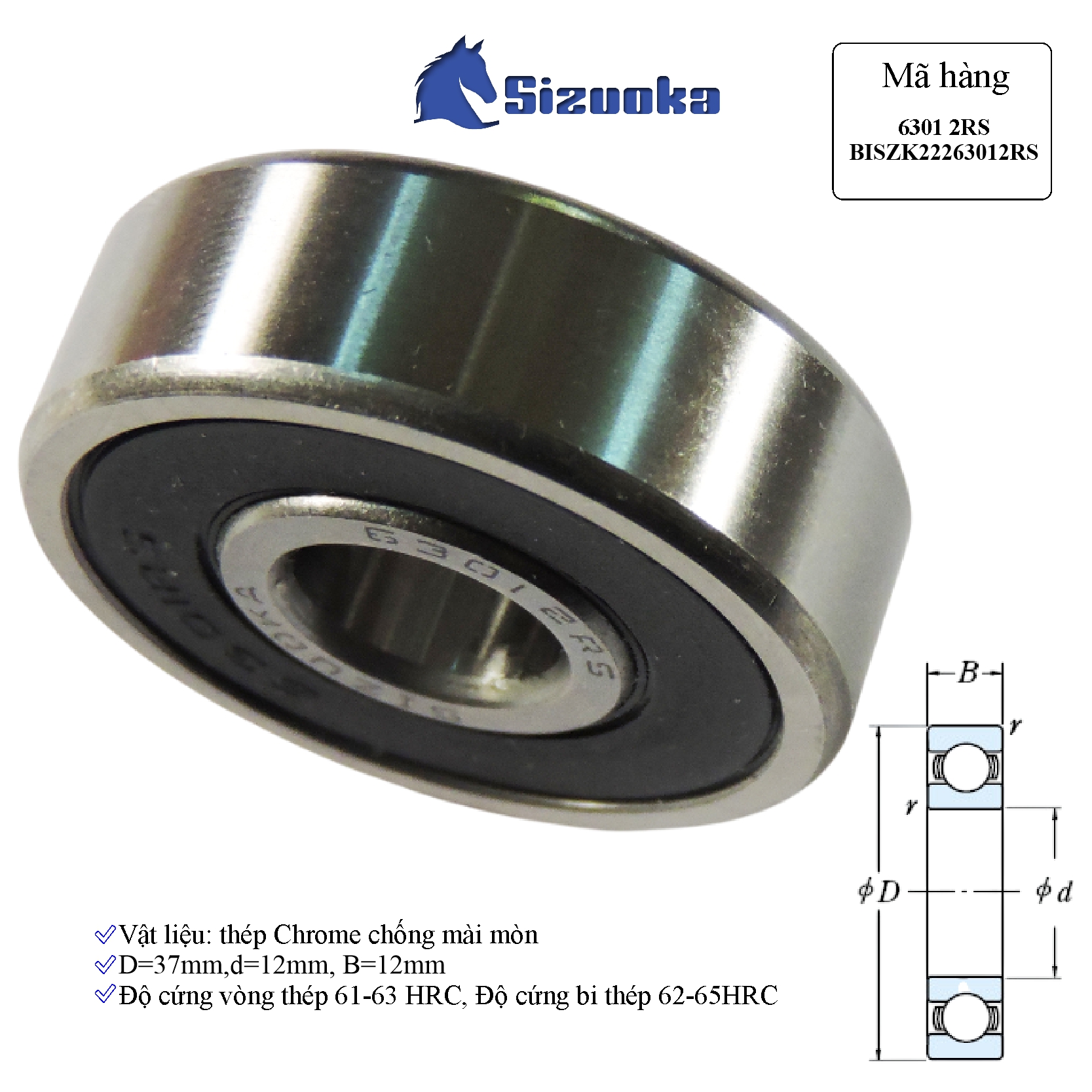 Bạc đạn xe máy 6301 2RS Đùm sau Dream, Wave, Sirius, Exciter, Future Neo, Future Neo Fi, Wave RS, RSX, láp Airblade BISZK22263012RS