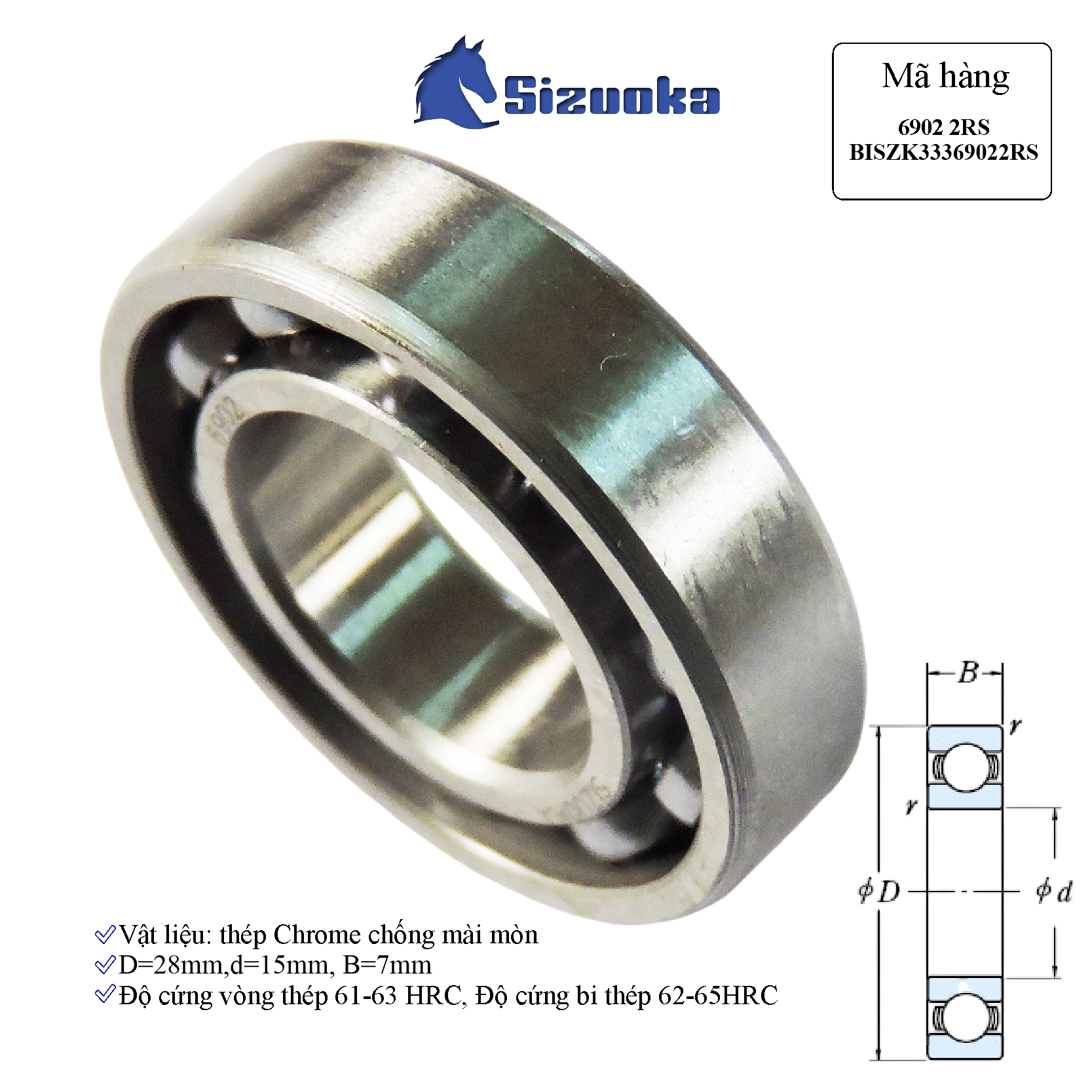 Bạc đạn xe máy 6902 2RS Cốt cam DR, Wave, Future, Lead, RSX, nồi Airblade BISZK33369022RS