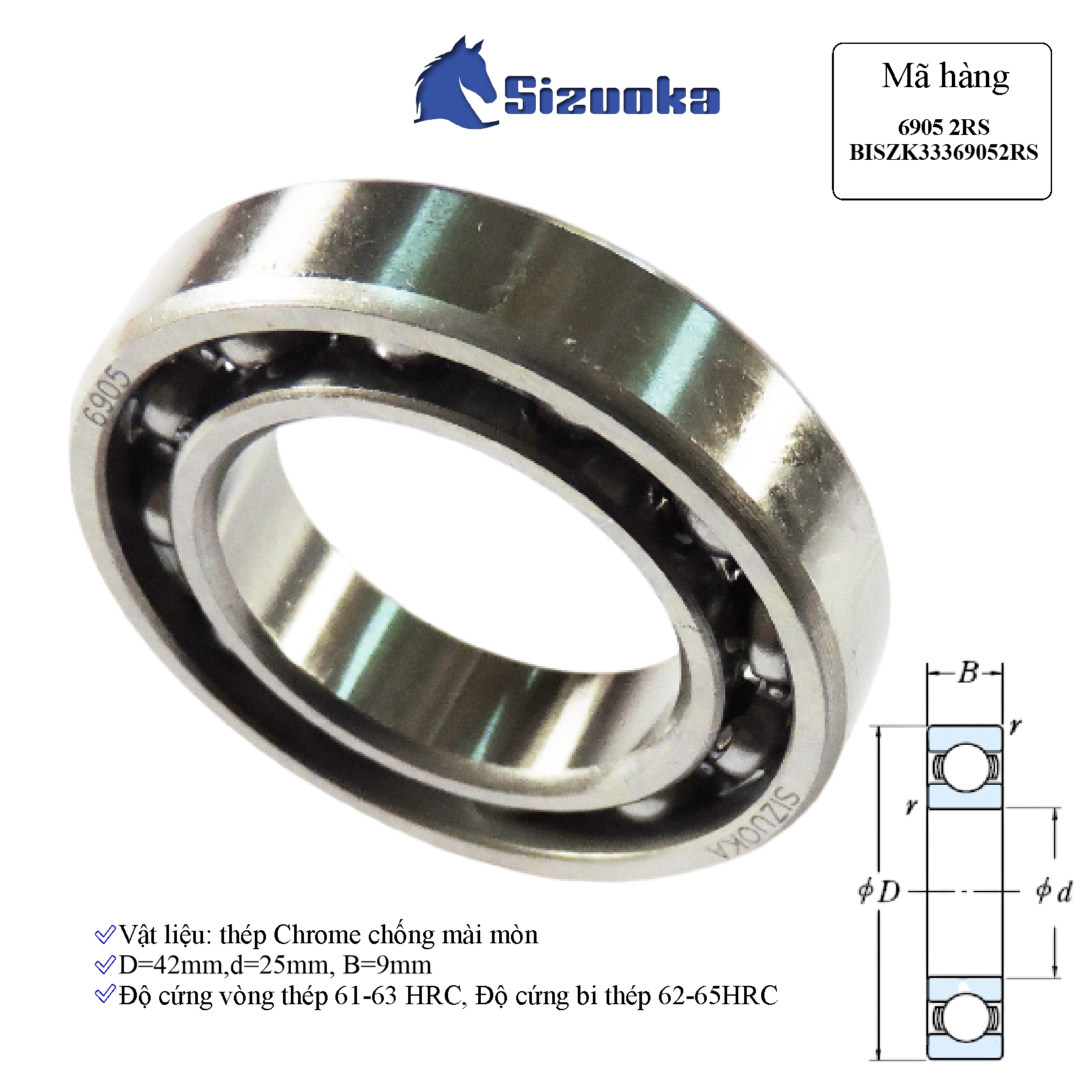 Bạc đạn xe máy 6905 2RS Cốt cam Dream, Wave, Future, Lead, RSX, chuông nồi airblade, Lead BISZK33369052RS