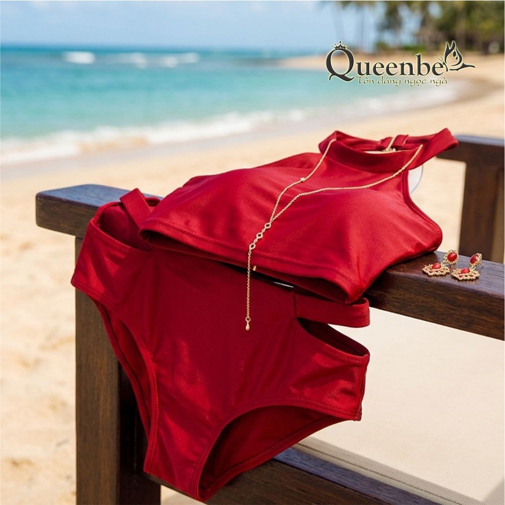 Bikini hai mảnh cổ yếm nóng bỏng Queenbe GLSWIM021 màu đỏ vải thun polyester cao cấp co giãn, ít thấm hút, mau khô