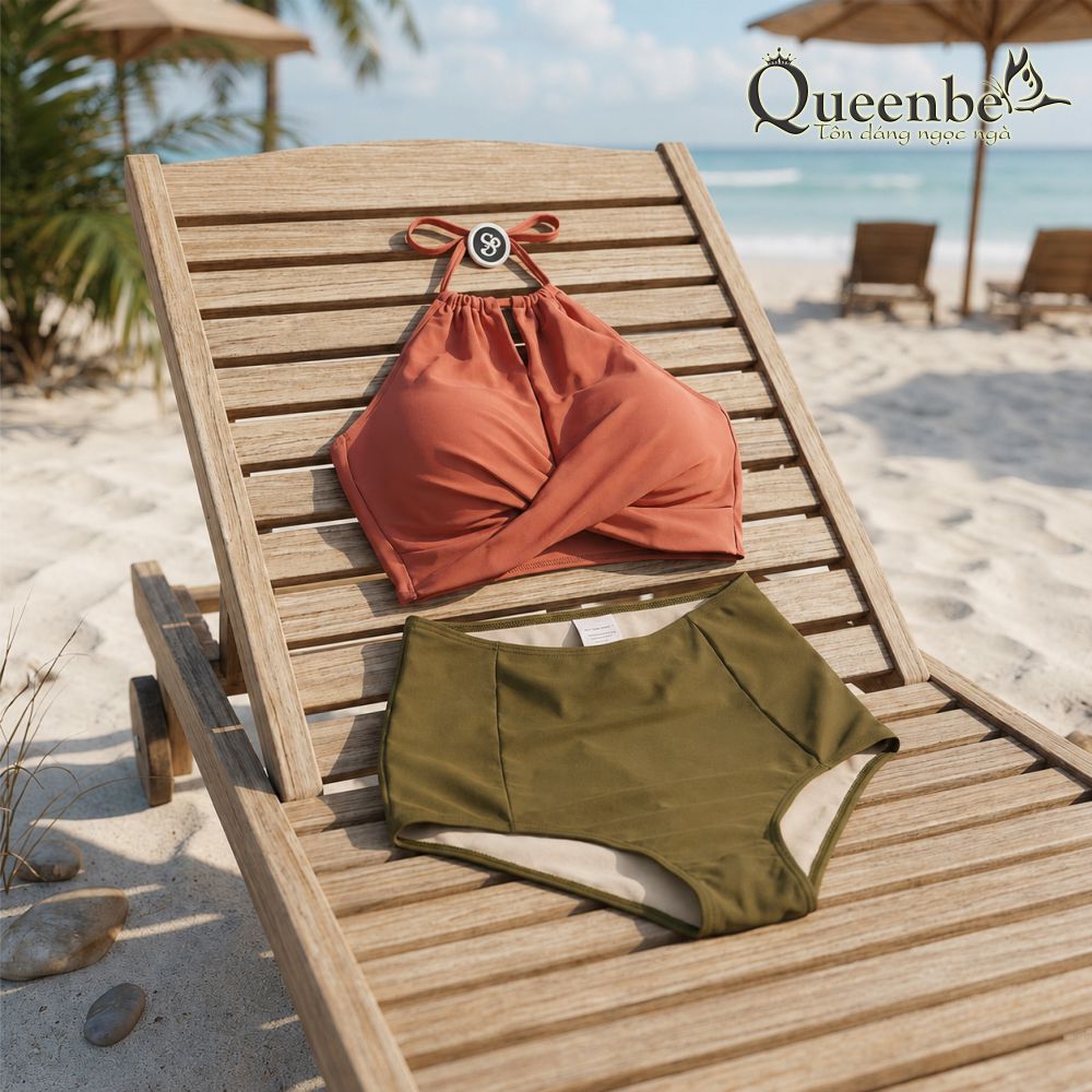 Bộ bikini hai mảnh cổ yếm gợi cảm Queenbe GLSWIM055 vải thun Lycra cao cấp co giãn, ít thấm hút, mau khô kèm mút ngực