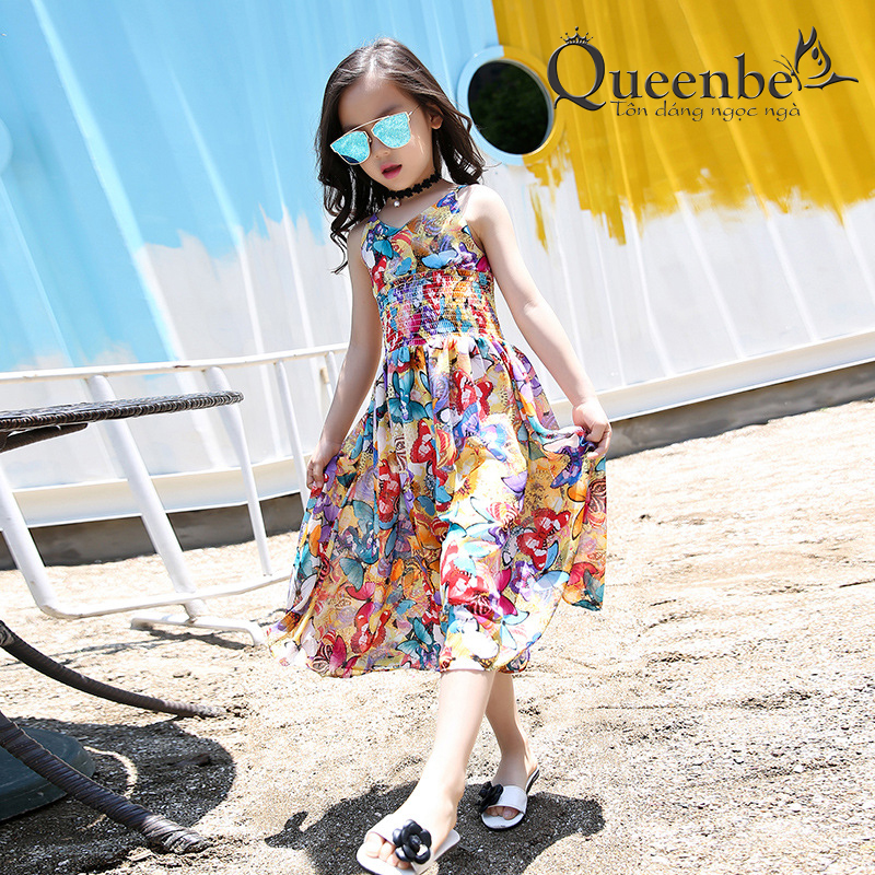 Bộ đồ bé gái liền thân Queenbe GLSET037 lụa chiffon in hoa tinh tế