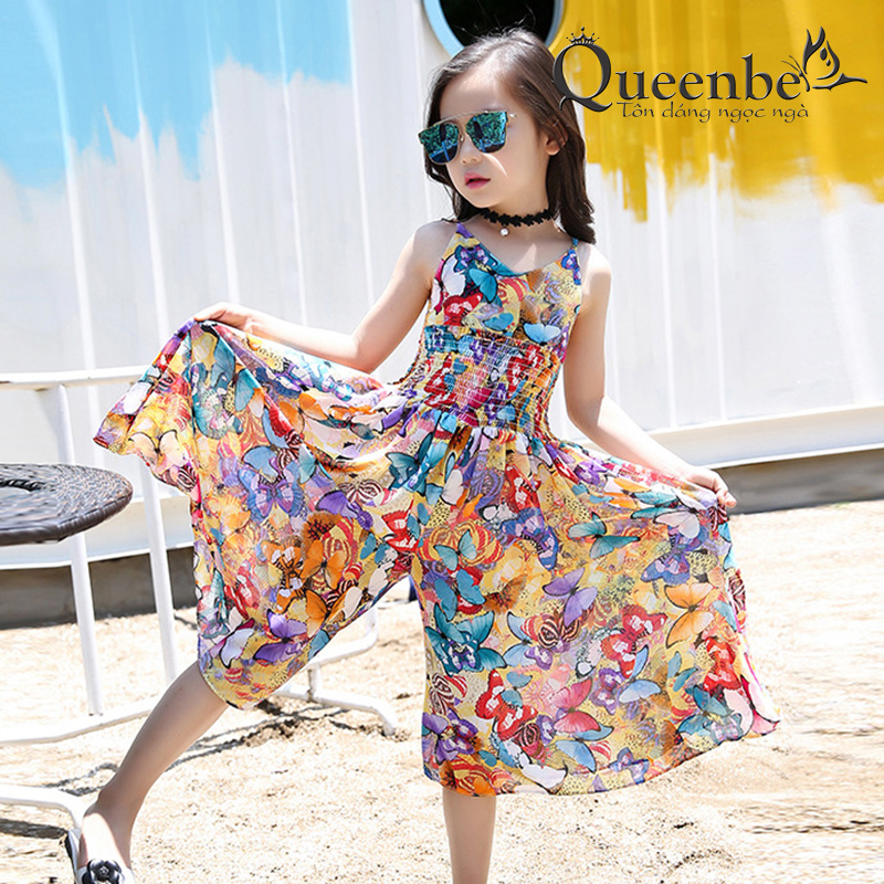 Bộ đồ bé gái liền thân Queenbe GLSET037 lụa chiffon in hoa tinh tế