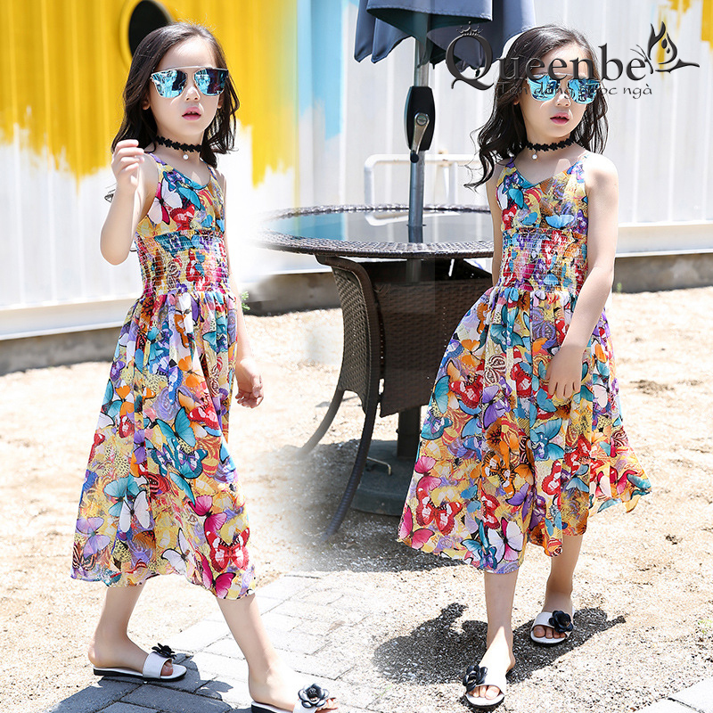 Bộ đồ bé gái liền thân Queenbe GLSET037 lụa chiffon in hoa tinh tế