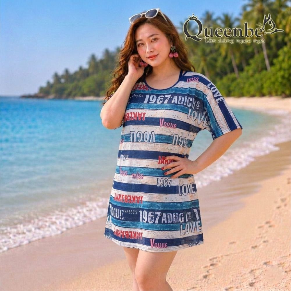 Bộ đồ bơi 3 mảnh áo ngực quần đùi và áo thun có big size Queenbe GLSWIM096 vải thun Lycra in sắc nét ít thấm hút, mau khô