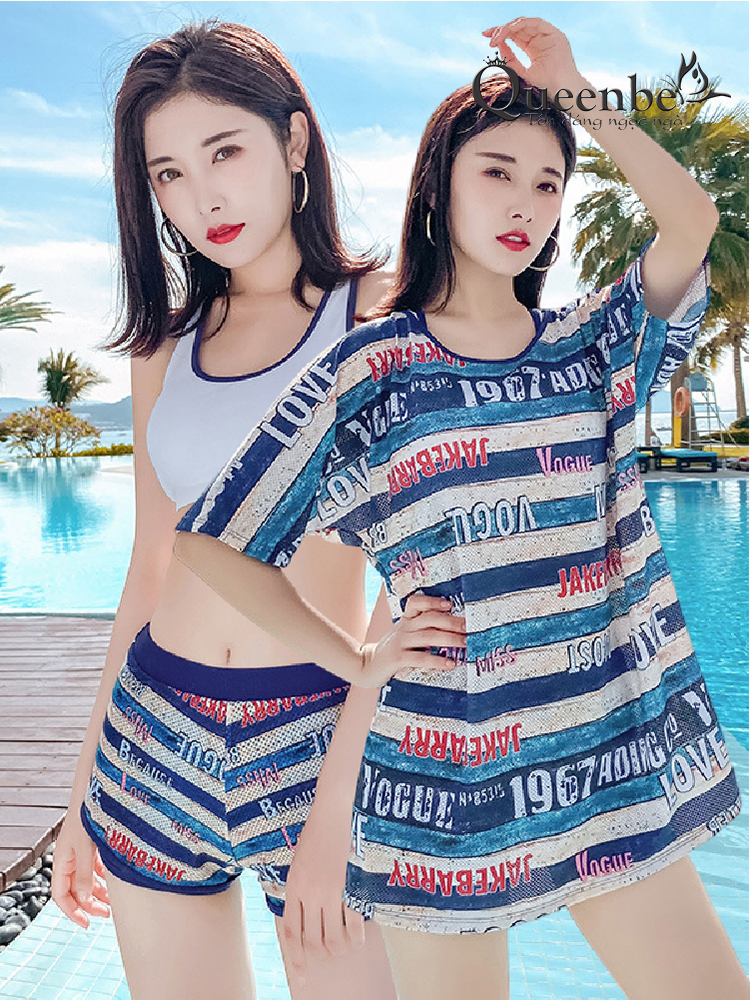 Bộ đồ bơi 3 mảnh áo ngực quần đùi và áo thun Queenbe GLSWIM096 vải thun lạnh in sắc nét ít thấm hút, mau khô
