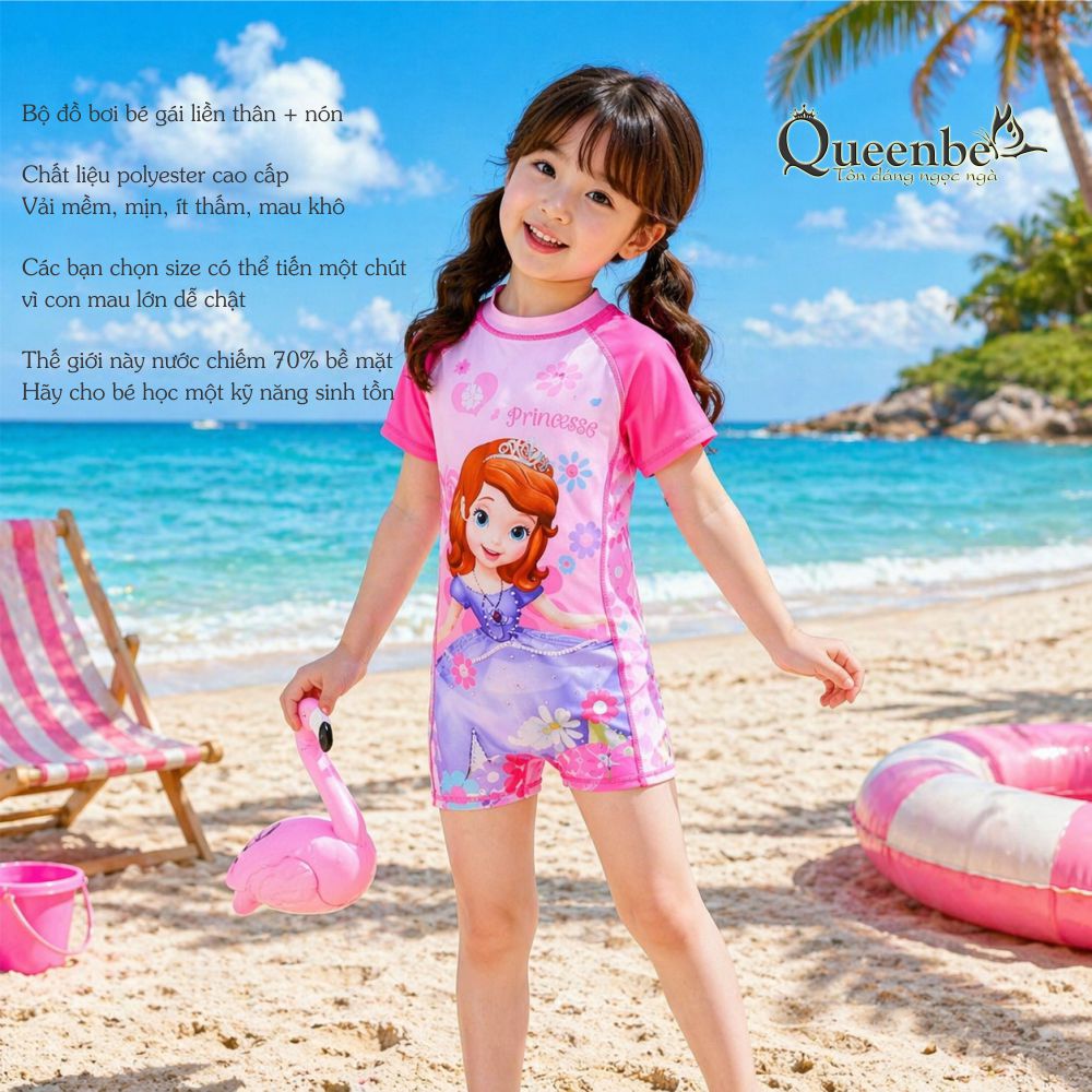 Bộ đồ bơi bé gái Elsa aurora liền thân kèm nón Queenbe GLSWIM093 vải polyester co giãn, mềm ít thấm và mau khô