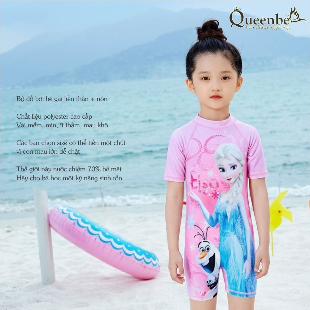 Bộ đồ bơi bé gái Elsa aurora liền thân kèm nón Queenbe GLSWIM093 vải polyester co giãn, mềm ít thấm và mau khô