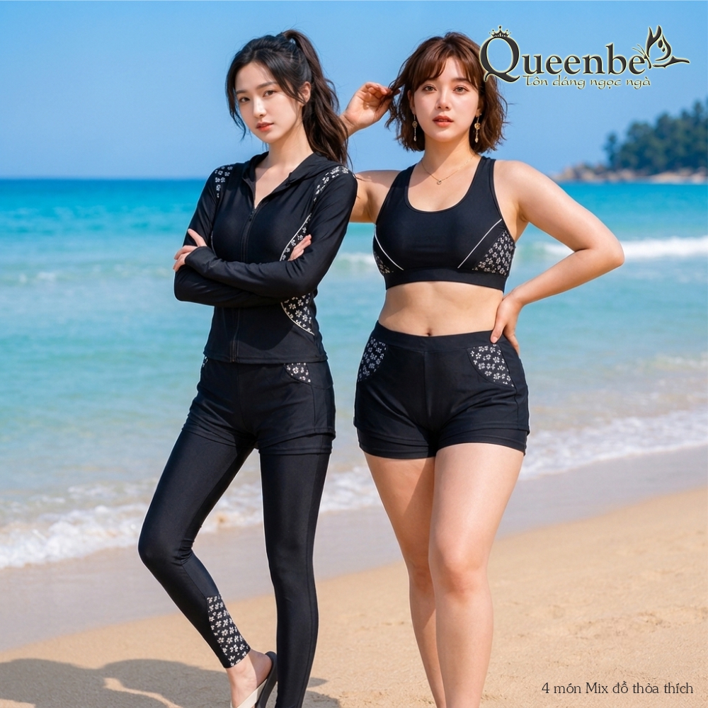 Bộ đồ bơi nữ big size dài tay bốn món chống nắng chống gió Queenbe GLSWIM119 thun Lycra cao cấp, mềm mượt, ít thấm, mau khô