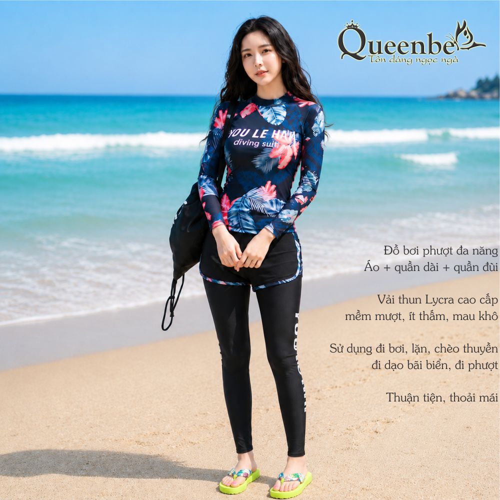 Bộ đồ bơi nữ dài tay gồm áo quần dài và quần đùi Queenbe GLSWIM067 vải thun Lycra cao cấp co giãn, ít thấm hút, mau khô