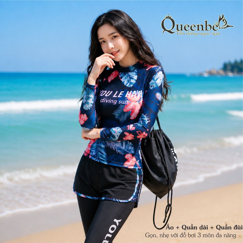 Bộ đồ bơi nữ dài tay gồm áo quần dài và quần đùi Queenbe GLSWIM067 vải thun Lycra cao cấp co giãn, ít thấm hút, mau khô