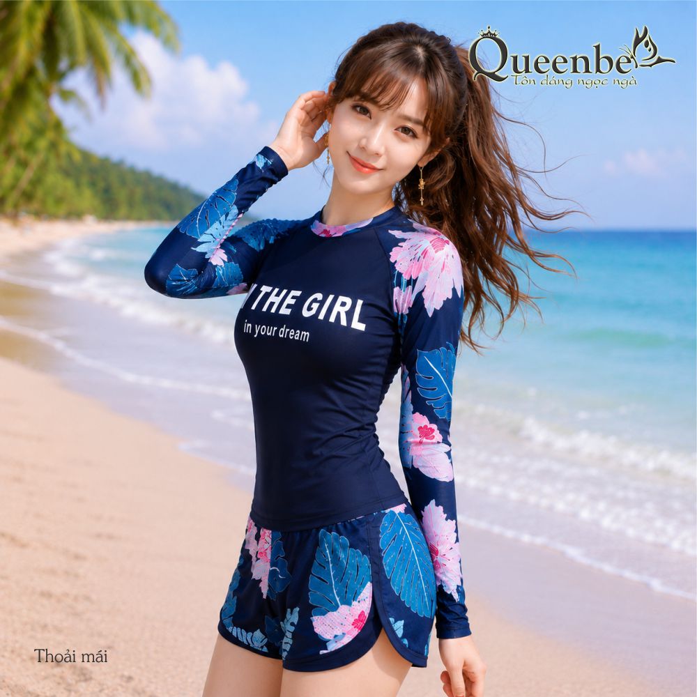 Bộ đồ bơi nữ dài tay quần đùi rời có big size Queenbe GLSWIM074 vải thun Lycra cao cấp co giãn, ít thấm hút, mau khô, kèm mút ngực