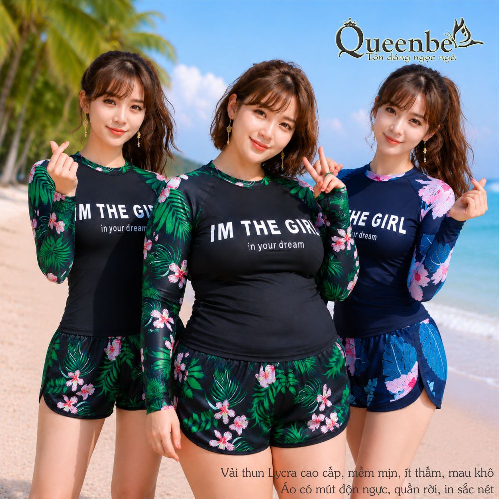 Bộ đồ bơi nữ dài tay quần đùi rời có big size Queenbe GLSWIM074 vải thun Lycra cao cấp co giãn, ít thấm hút, mau khô, kèm mút ngực