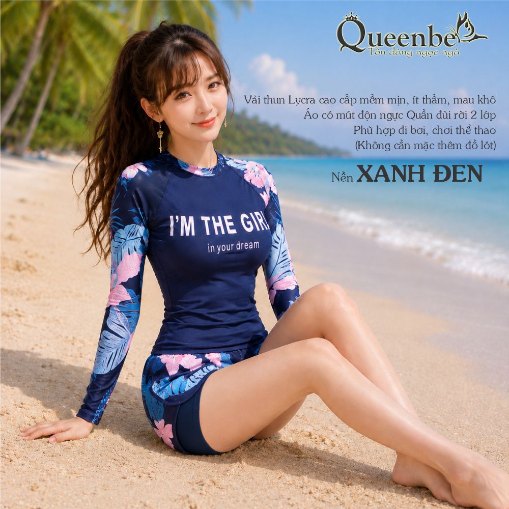 Bộ đồ bơi nữ dài tay quần đùi rời có big size Queenbe GLSWIM074 vải thun Lycra cao cấp co giãn, ít thấm hút, mau khô, kèm mút ngực