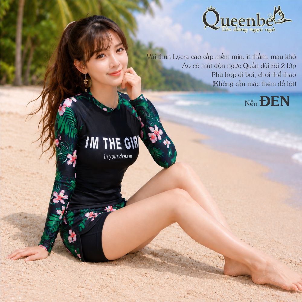 Bộ đồ bơi nữ dài tay quần đùi rời có big size Queenbe GLSWIM074 vải thun Lycra cao cấp co giãn, ít thấm hút, mau khô, kèm mút ngực