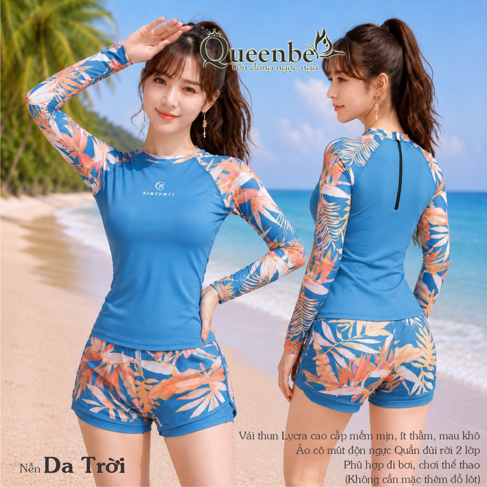 Bộ đồ bơi nữ dài tay quần đùi rời có big size Queenbe GLSWIM074 vải thun Lycra cao cấp co giãn, ít thấm hút, mau khô, kèm mút ngực