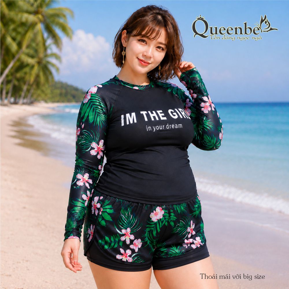Bộ đồ bơi nữ dài tay quần đùi rời có big size Queenbe GLSWIM074 vải thun Lycra cao cấp co giãn, ít thấm hút, mau khô, kèm mút ngực